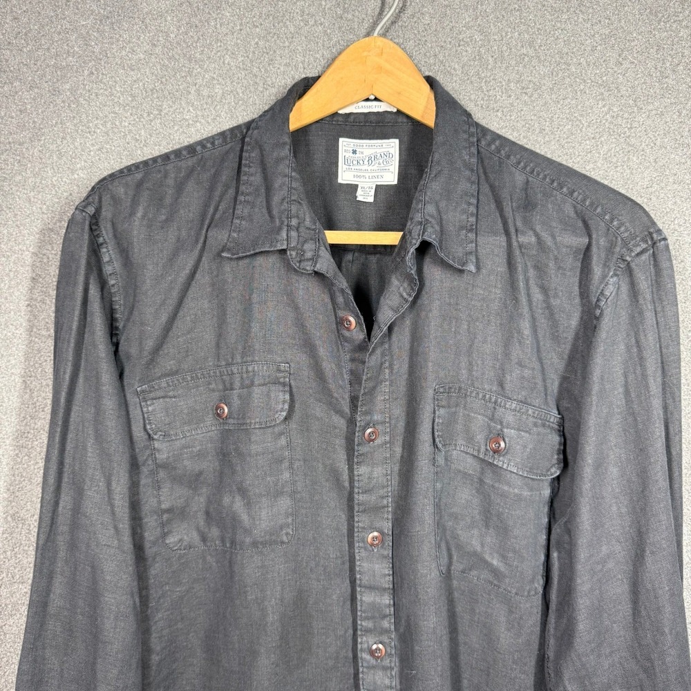 Y2K Inspired Lucky Brand 100% Linen Shirt Men's XL Charcoal Black Button Up - Picture 2 of 10